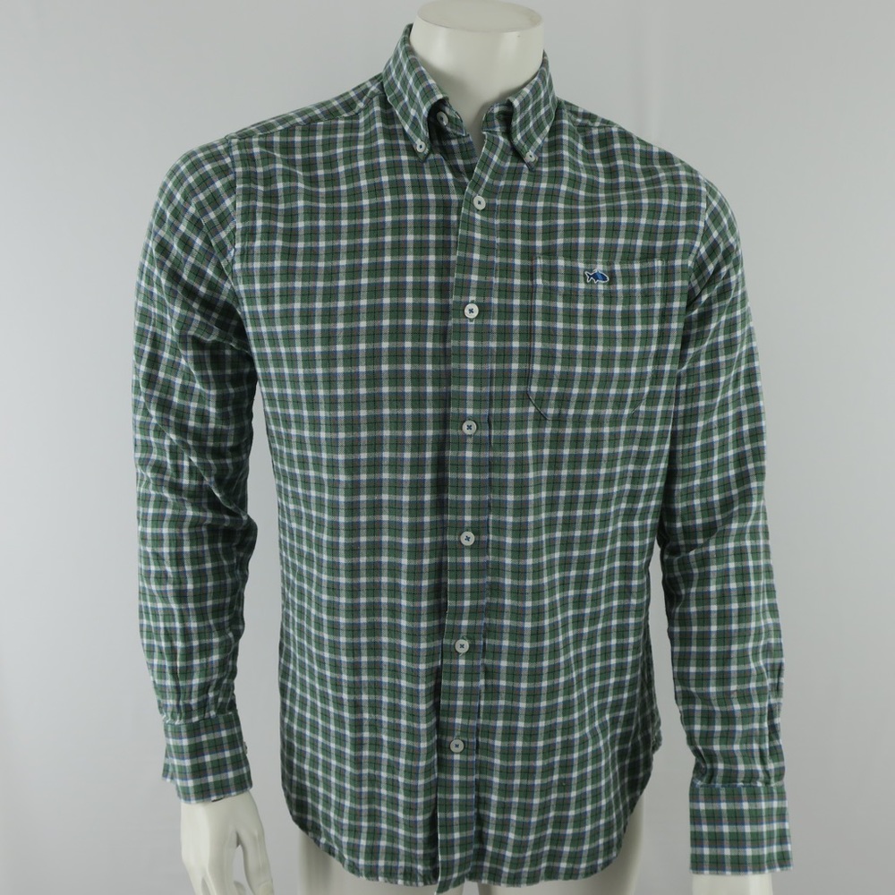 Fish Hippie Button Up Flannel Shirt Mens Small Tailored Fit Green‎ Cotton